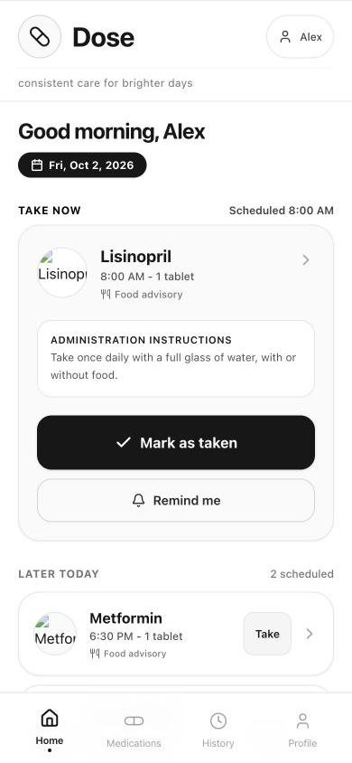 Dose app home screen with Alex’s sample medication routine