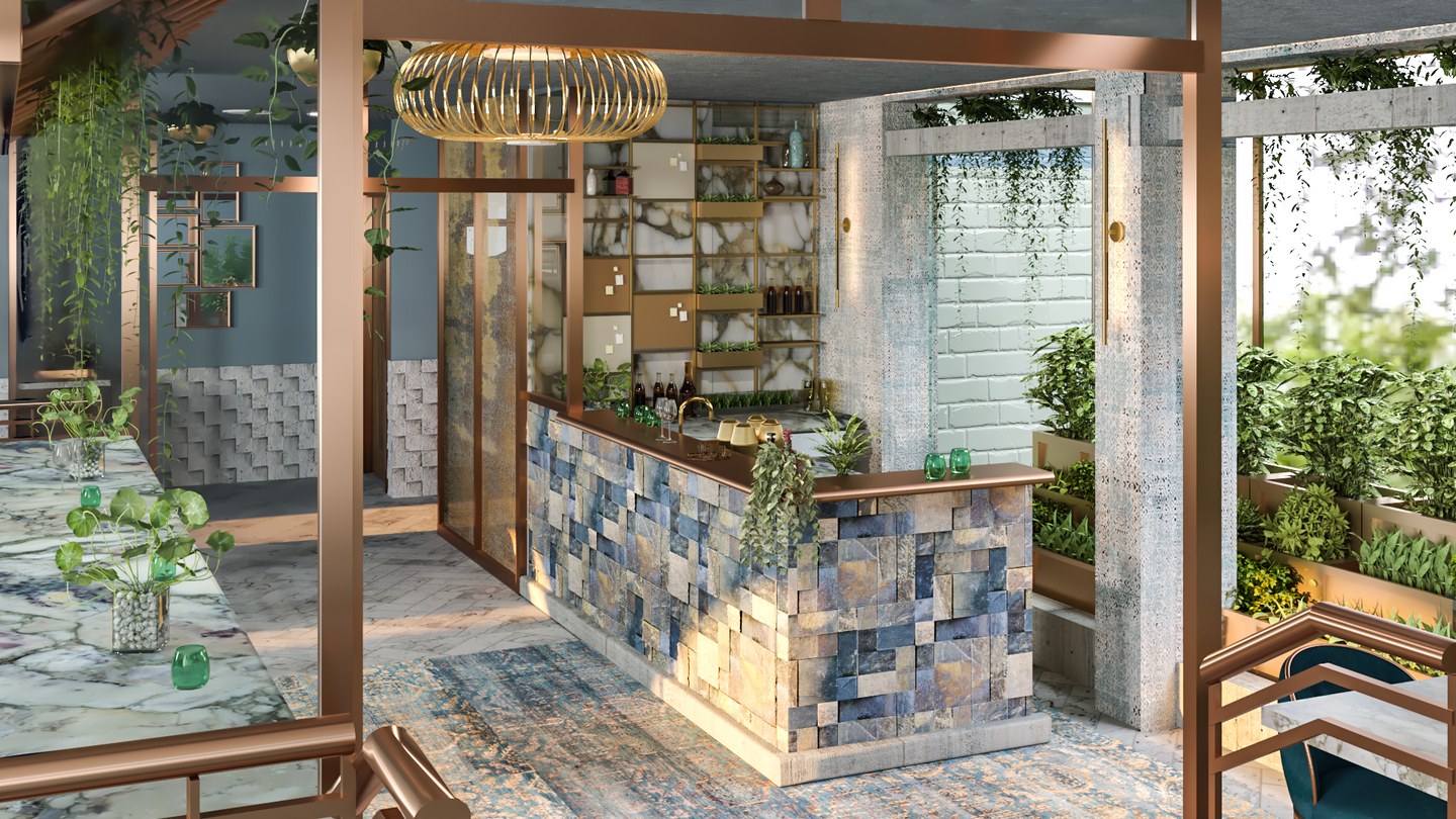 Edn restaurant concept with greenery, stone surfaces, and an overlooking bar