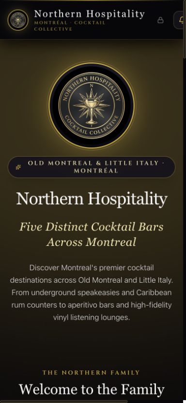Northern Hospitality app splash page with its cocktail collective identity