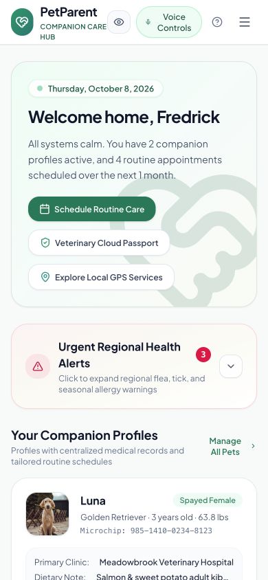 Published PetParent Home screen with companion profiles and care actions