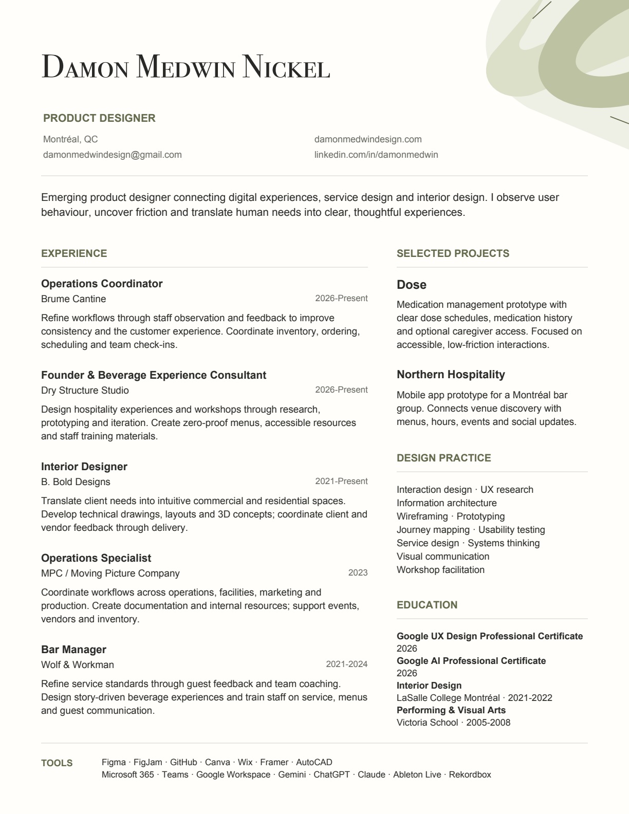 Designer résumé, page 1 of 1